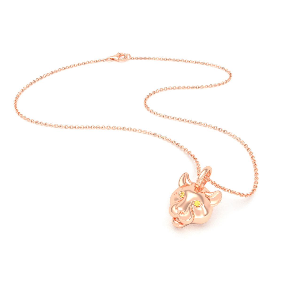 Collier tête de tigre or rose 18 carats, yeux de saphirs jaunes, posé à plat avec chaîne et fermoir