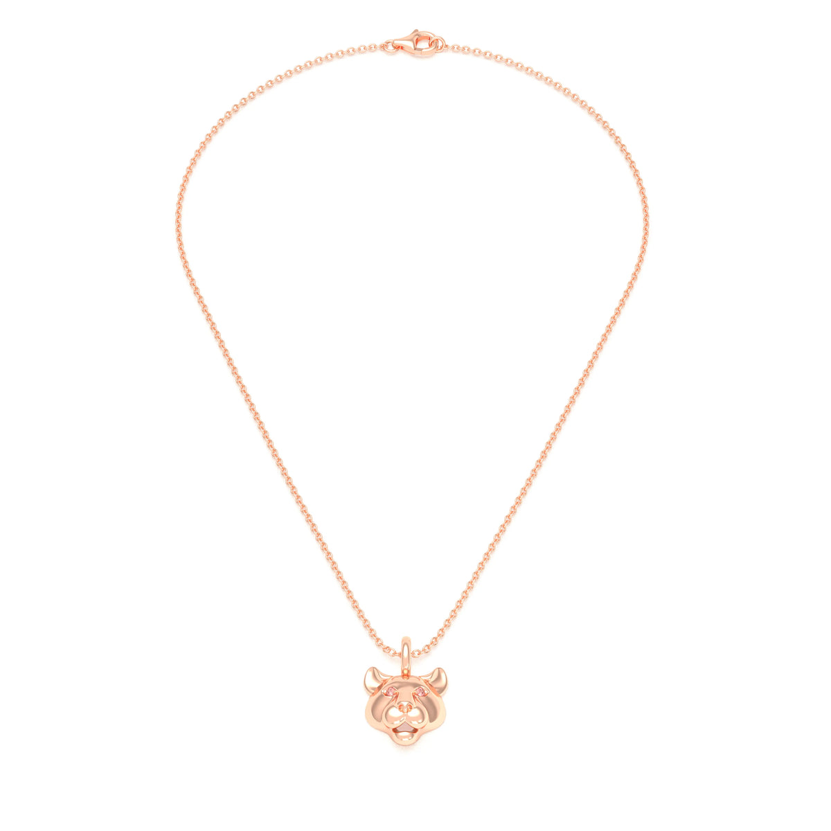 Collier tête de tigre en or rose aux yeux de saphirs pêche, vu de face sur une chaîne forçat de 40 cm