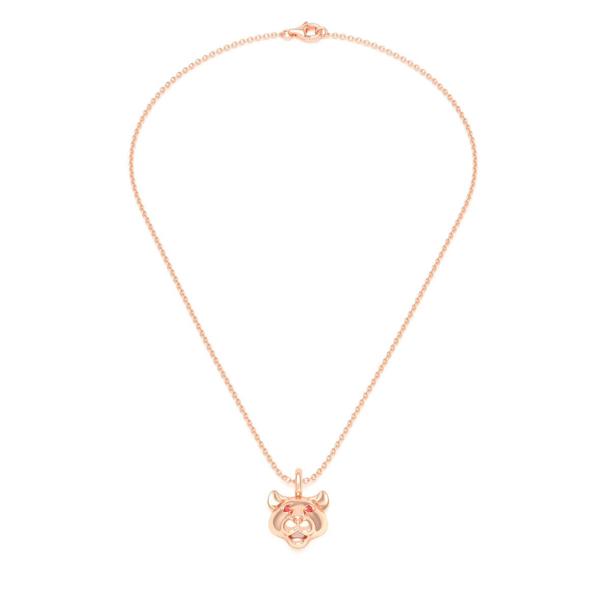 Collier tête de tigre en or rose aux yeux de saphirs rouges, vu de face sur une chaîne forçat de 40 cm