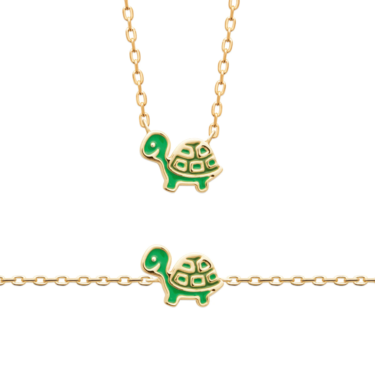 Collier tortue verte enfant en plaqué or, 37 cm
