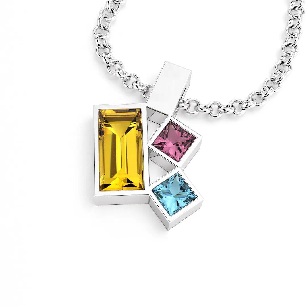 Collier Art Déco argent avec pierres fines Citrine, Rhodolite et Topaze