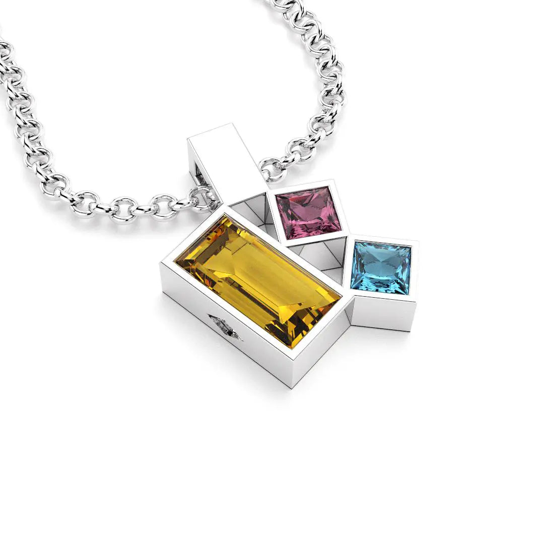 Collier Art Déco argent avec pierres fines Citrine, Rhodolite et Topaze