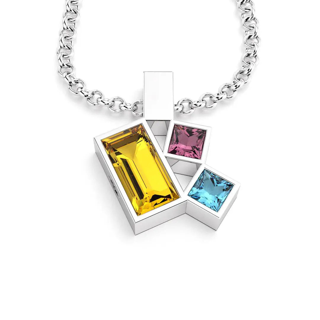 Collier Art Déco argent avec pierres fines Citrine, Rhodolite et Topaze