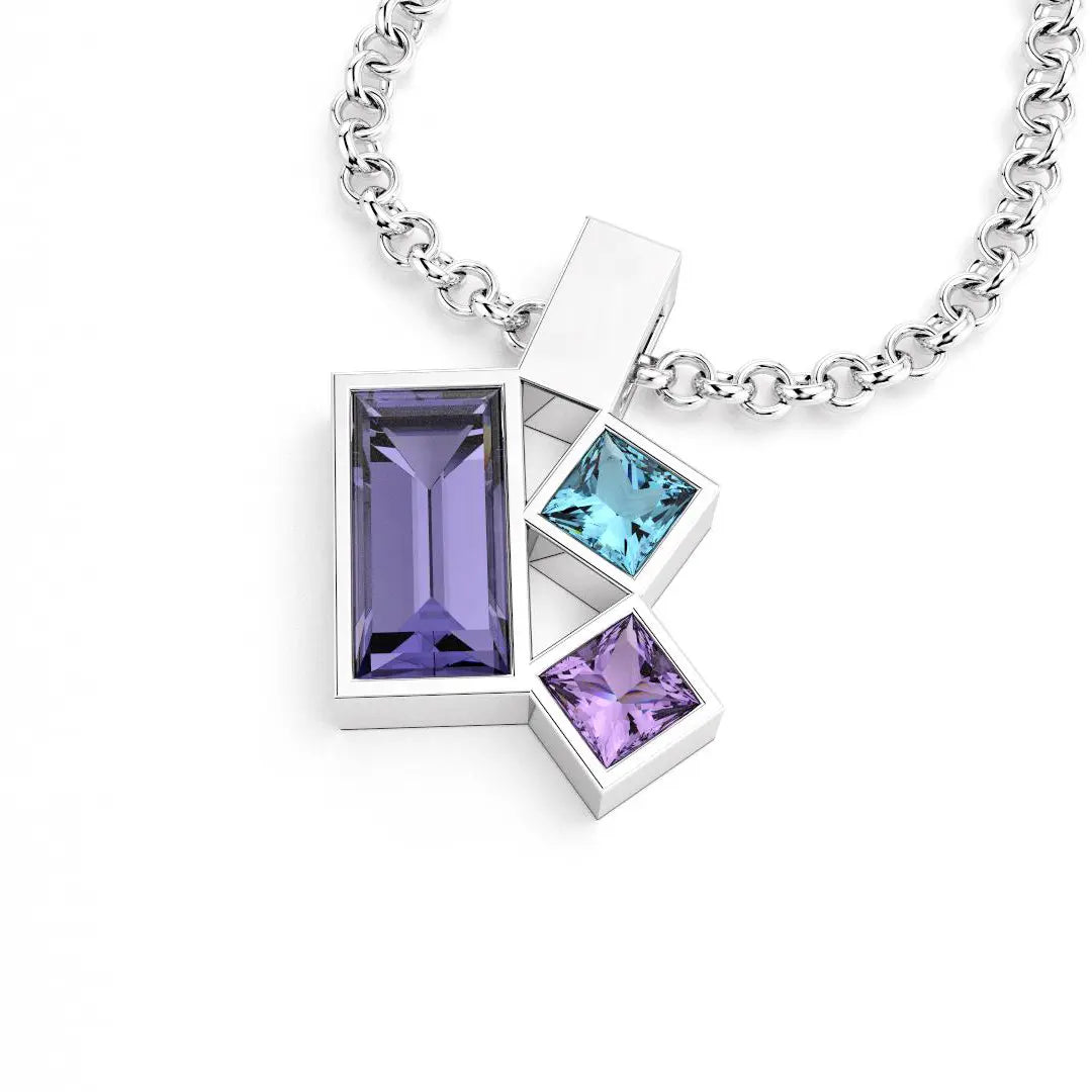 Collier Art Déco argent avec pierres fines Iolite, Topaze et Améthyste