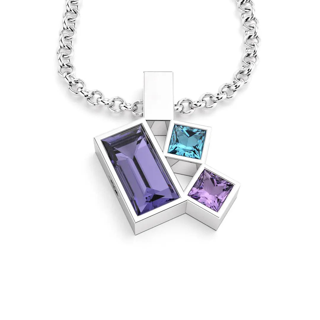 Collier Art Déco argent avec pierres fines Iolite, Topaze et Améthyste