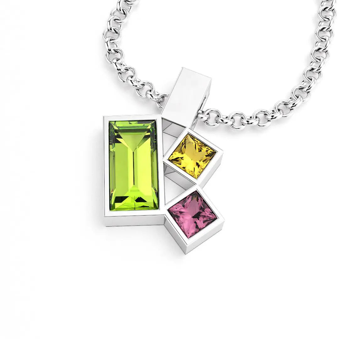 Collier Art Déco argent avec pierres fines Péridot, Citrine et Rhodolite