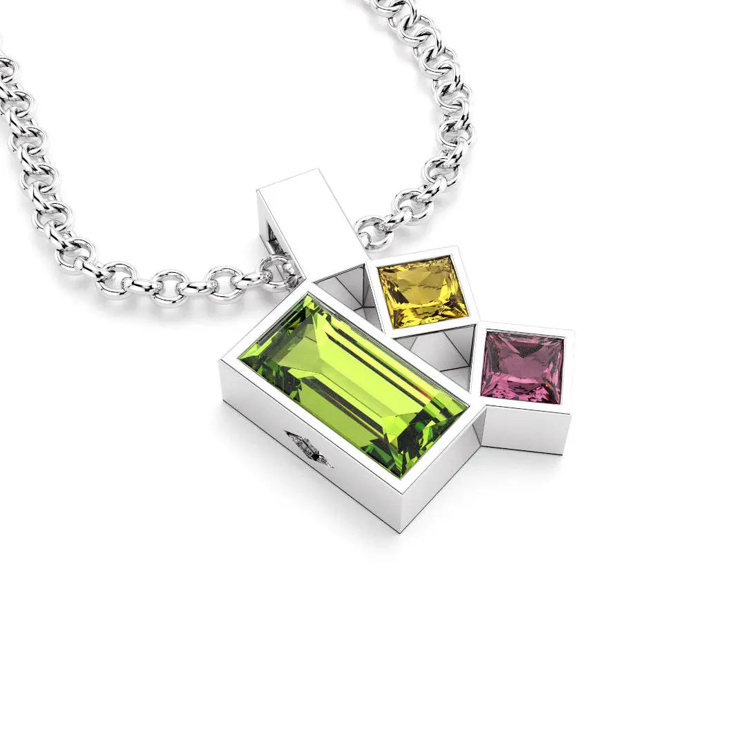 Collier Art Déco argent avec pierres fines Péridot, Citrine et Rhodolite