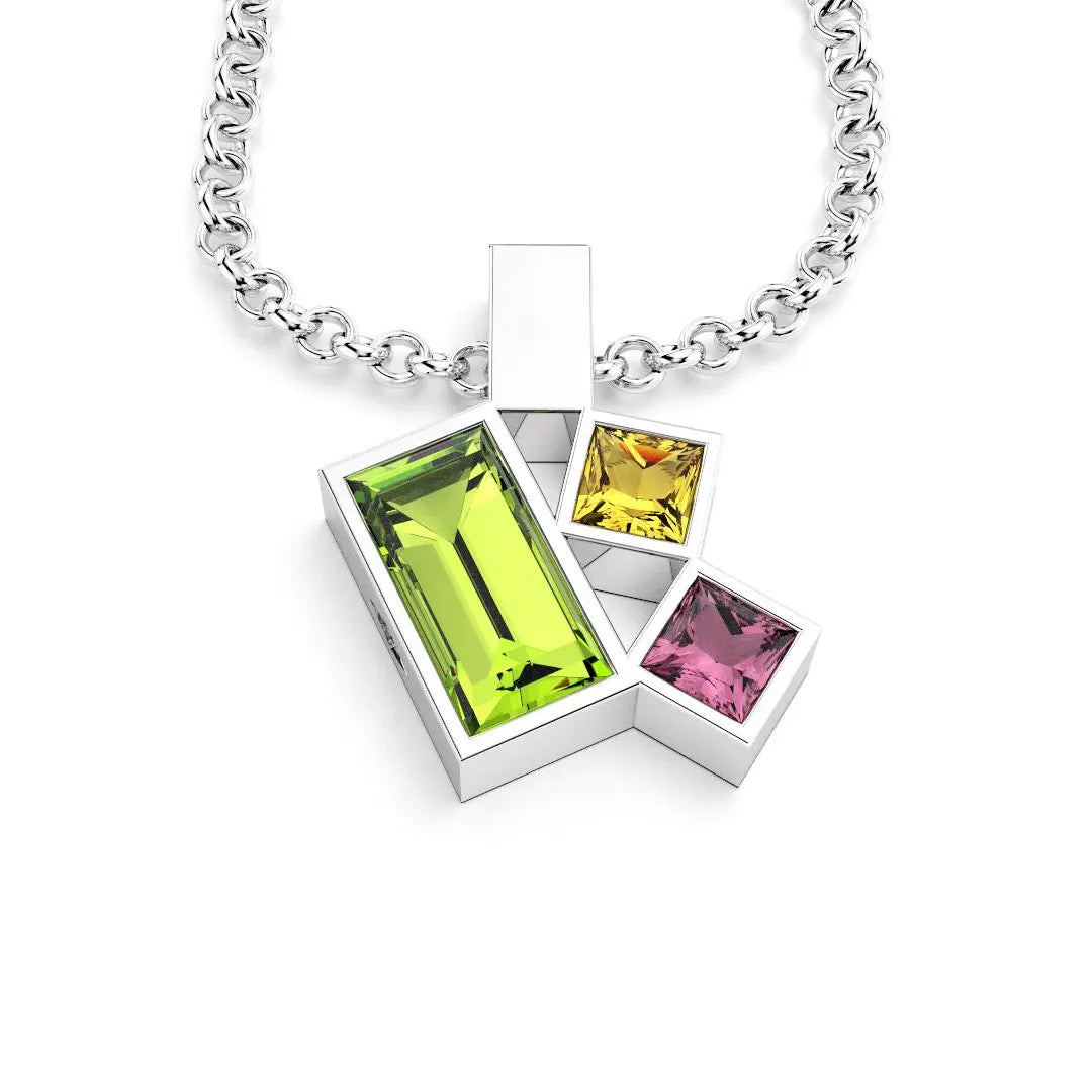 Collier Art Déco argent avec pierres fines Péridot, Citrine et Rhodolite
