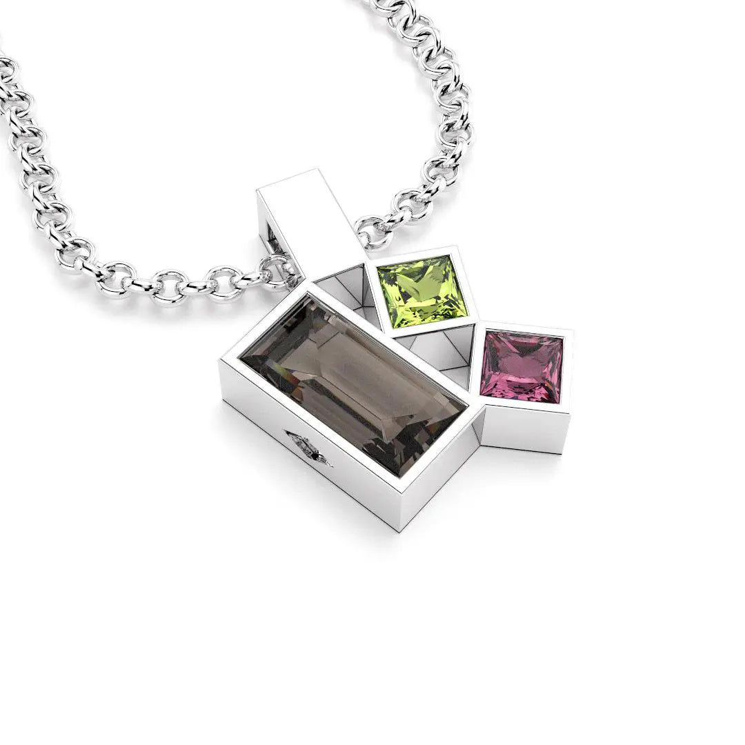 Collier Art Déco argent avec pierres fines Quartz fumé, Péridot et Rhodolite