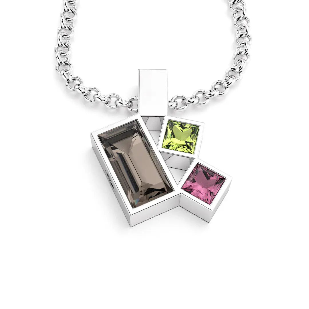 Collier Art Déco argent avec pierres fines Quartz fumé, Péridot et Rhodolite