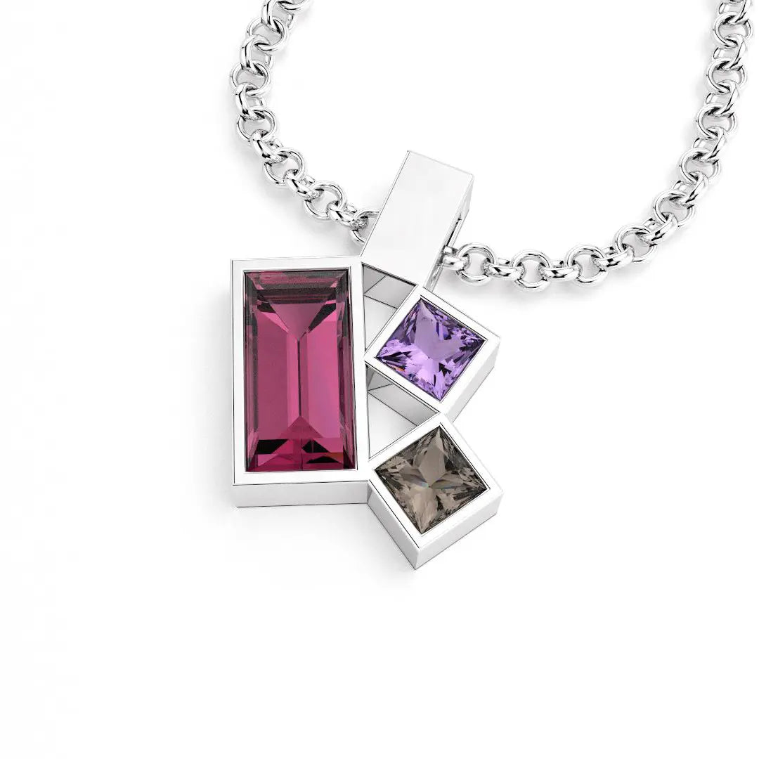 Collier Art Déco argent avec pierres fines Rhodolite, Améthyste et Quartz fumé