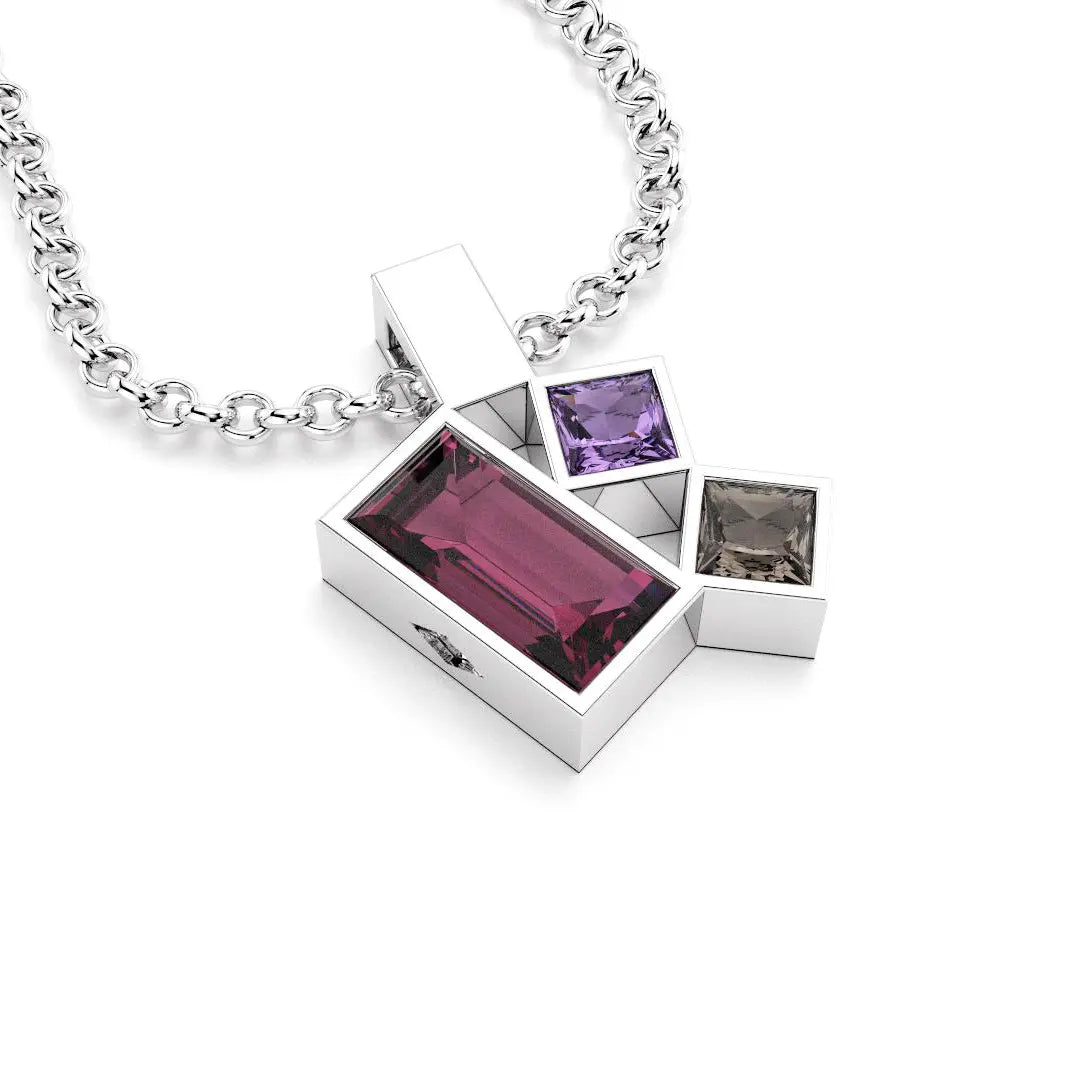 Collier Art Déco argent avec pierres fines Rhodolite, Améthyste et Quartz fumé