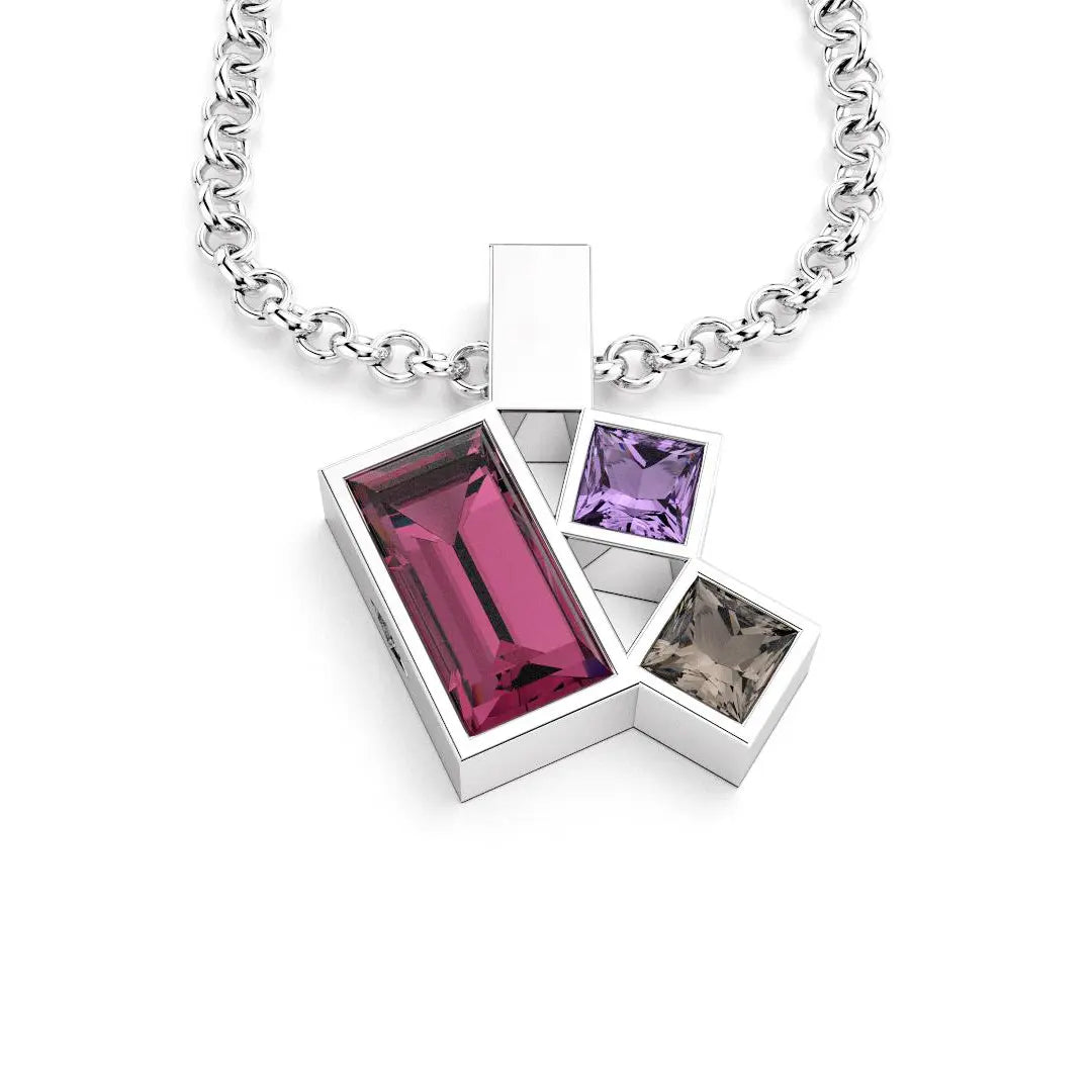 Collier Art Déco argent avec pierres fines Rhodolite, Améthyste et Quartz fumé