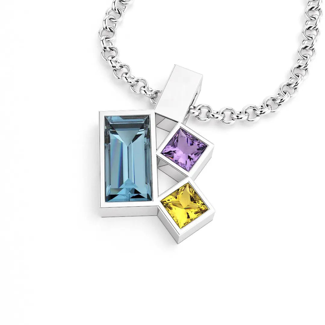 Collier Art Déco argent avec pierres fines Topaze, Améthyste et Citrine