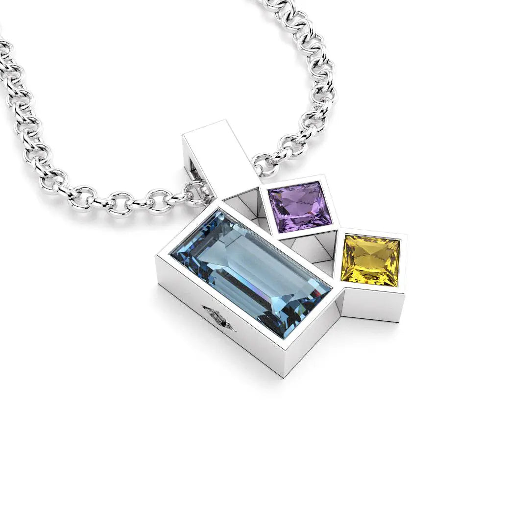 Collier Art Déco argent avec pierres fines Topaze, Améthyste et Citrine