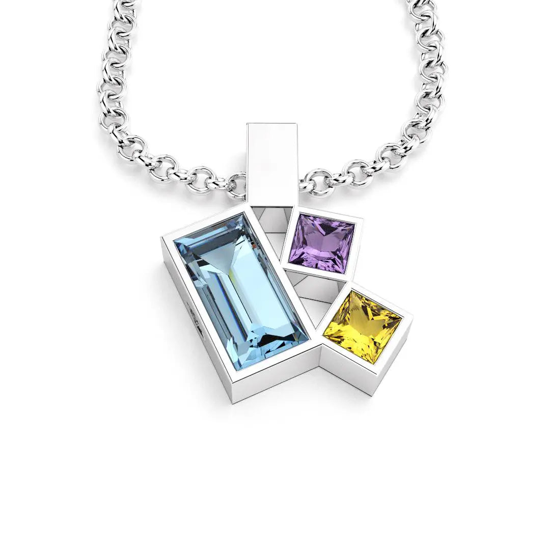 Collier Art Déco argent avec pierres fines Topaze, Améthyste et Citrine