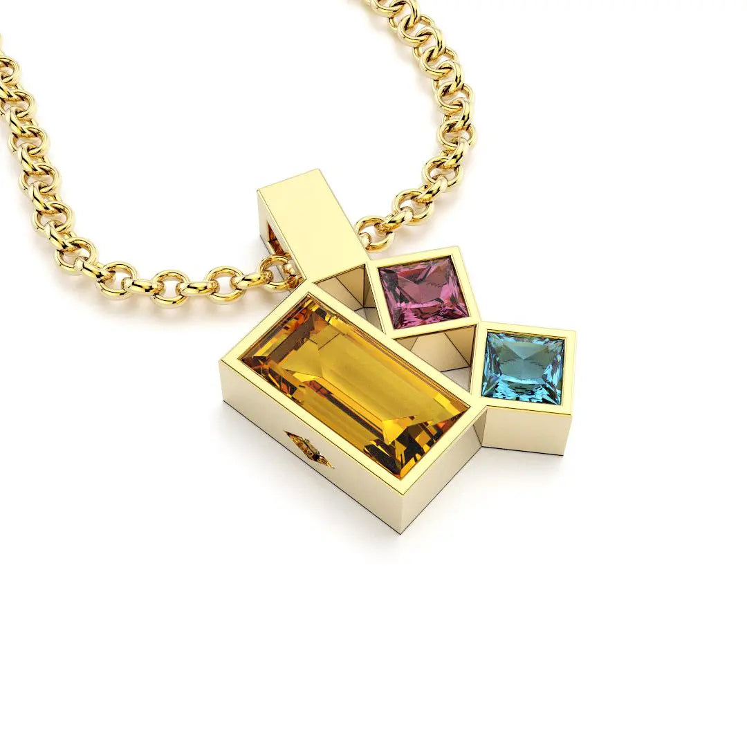 Collier Art Déco or jaune avec pierres fines Citrine, Rhodolite, Topaze