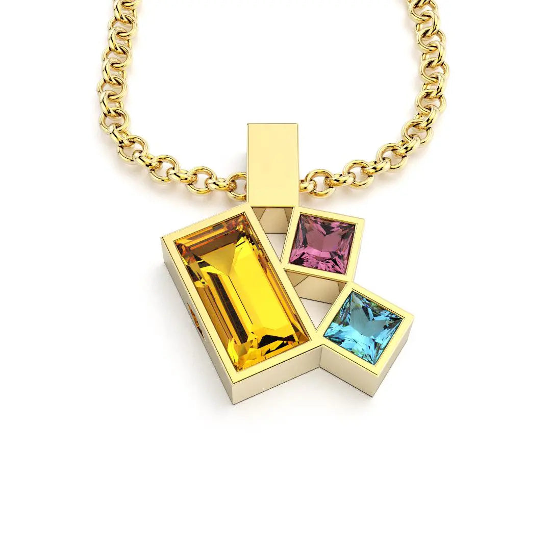Collier Art Déco or jaune avec pierres fines Citrine, Rhodolite, Topaze