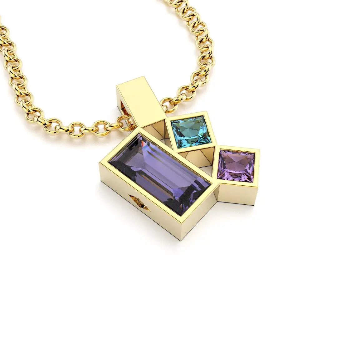 Collier Art Déco or jaune avec pierres fines Iolite, Topaze, Améthyste