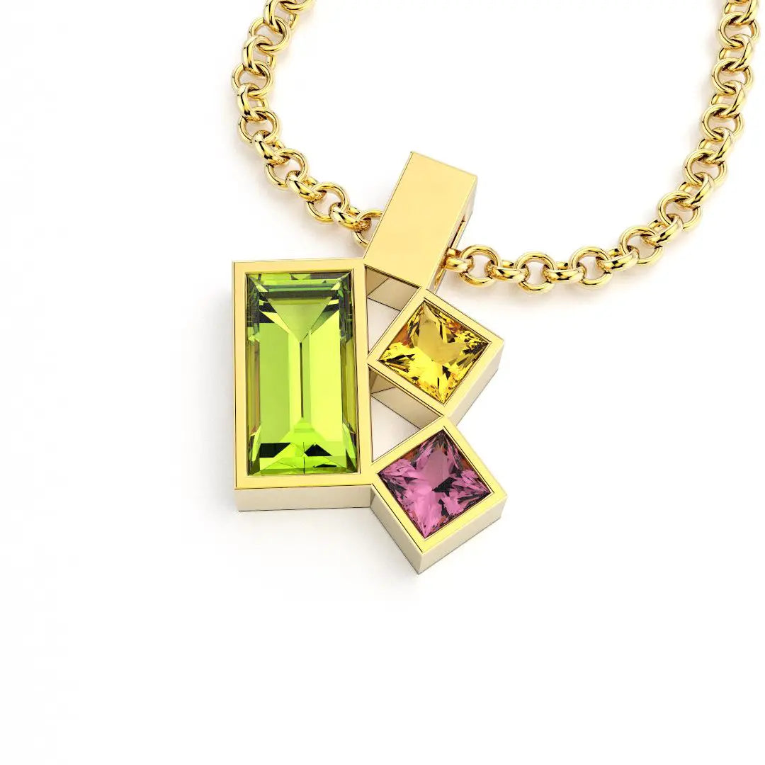Collier Art Déco or jaune avec pierres fines Péridot, Citrine, Rhodolite