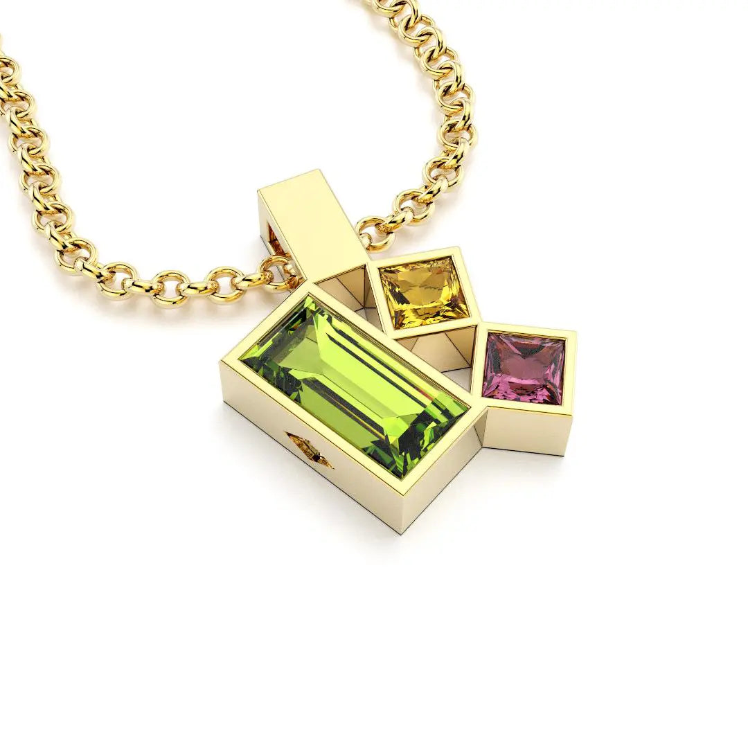 Collier Art Déco or jaune avec pierres fines Péridot, Citrine, Rhodolite