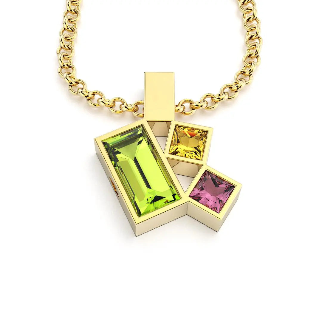 Collier Art Déco or jaune avec pierres fines Péridot, Citrine, Rhodolite