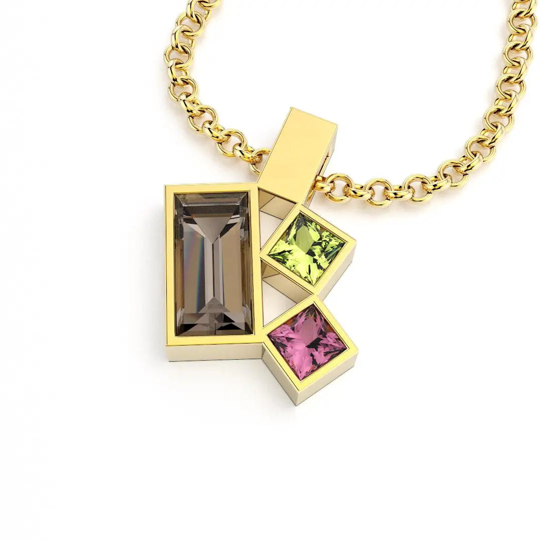 Collier Art Déco or jaune avec pierres fines Quartz fumé, Péridot, Rhodolite