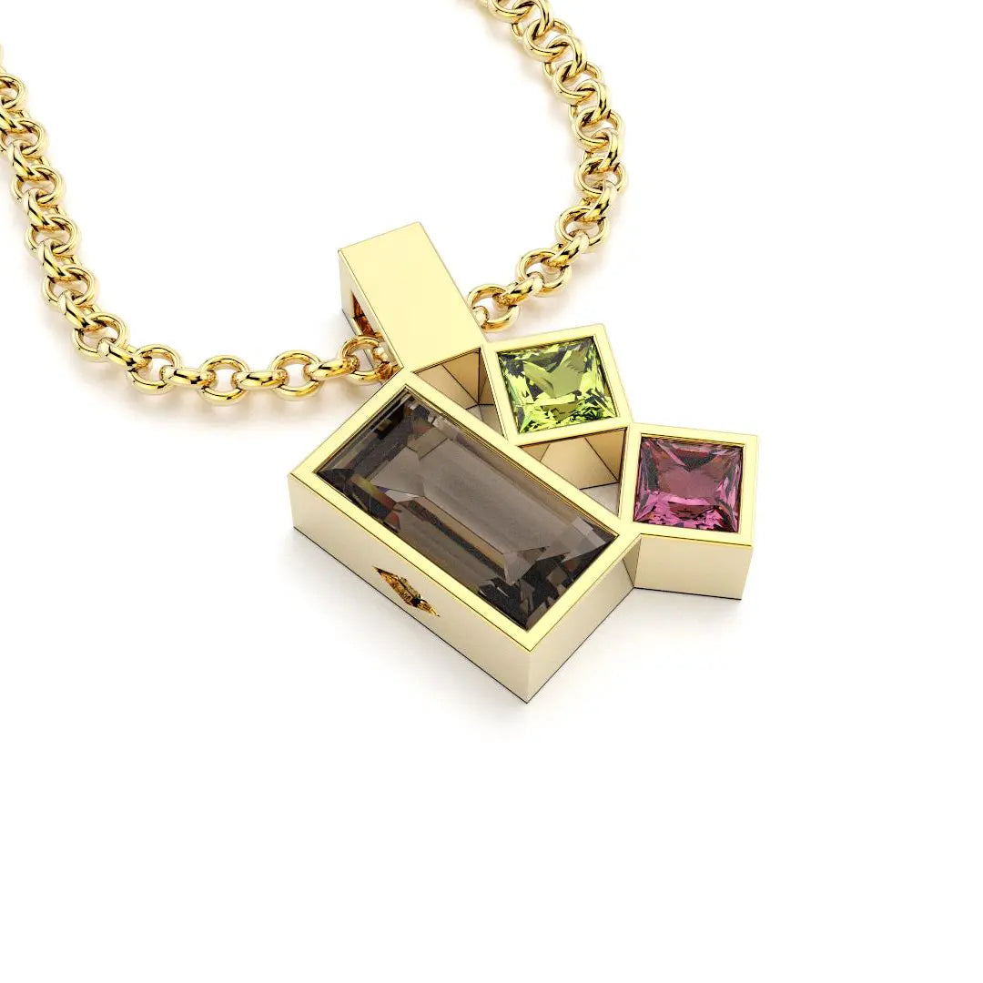 Collier Art Déco or jaune avec pierres fines Quartz fumé, Péridot, Rhodolite