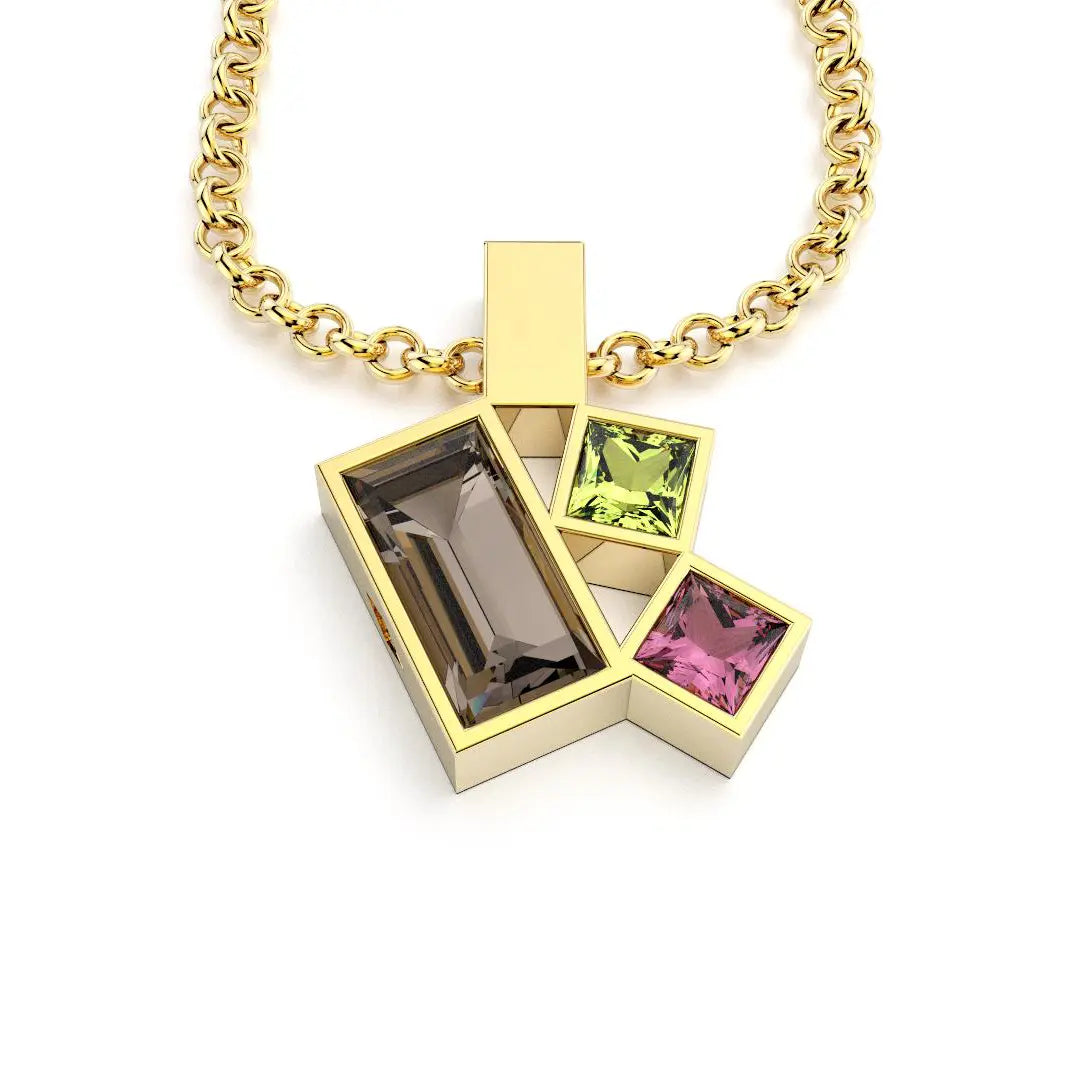 Collier Art Déco or jaune avec pierres fines Quartz fumé, Péridot, Rhodolite