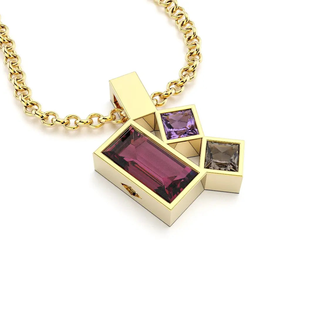 Collier Art Déco or jaune avec pierres fines Rhodolite, Améthyste, Quartz fumé