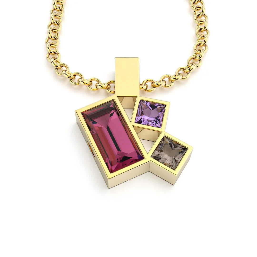 Collier Art Déco or jaune avec pierres fines Rhodolite, Améthyste, Quartz fumé