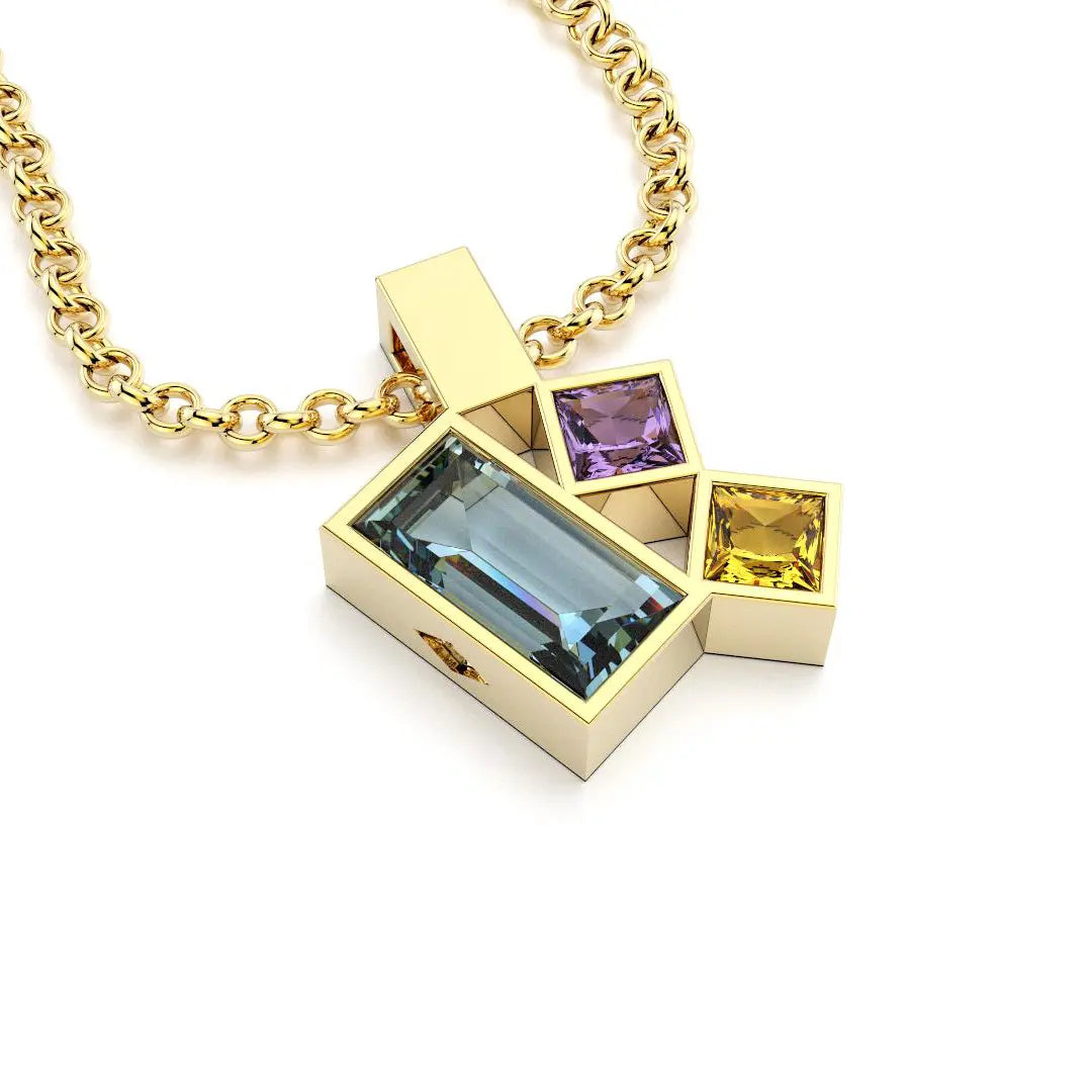 Collier Art Déco or jaune avec pierres fines Topaze, Améthyste et citrine