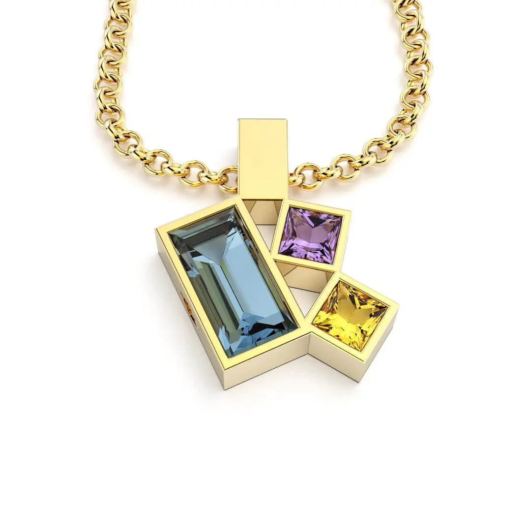 Collier Art Déco or jaune avec pierres fines Topaze, Améthyste, Citrine