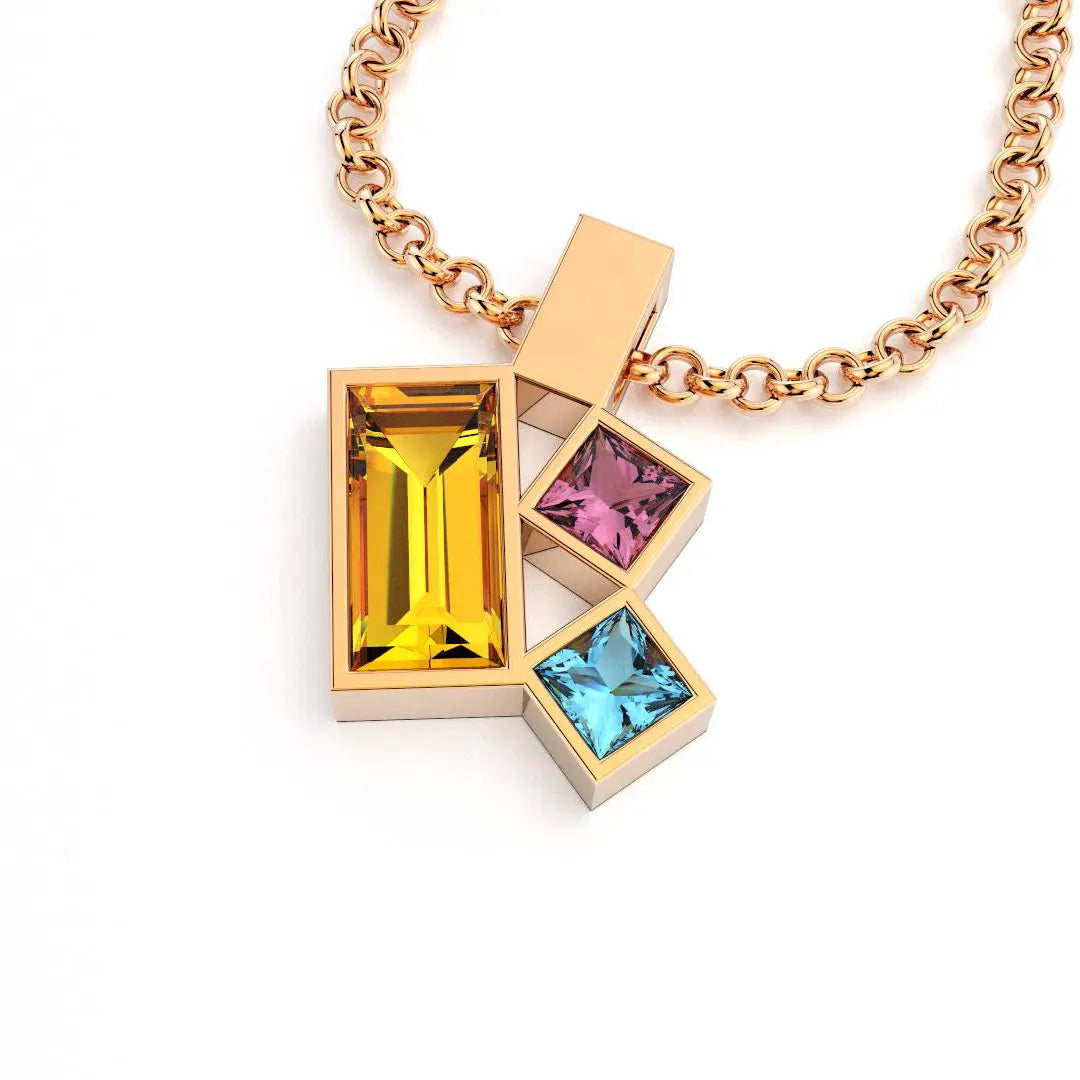 Collier Art Déco or rose avec pierres fines Citrine, rhodolite et topaze