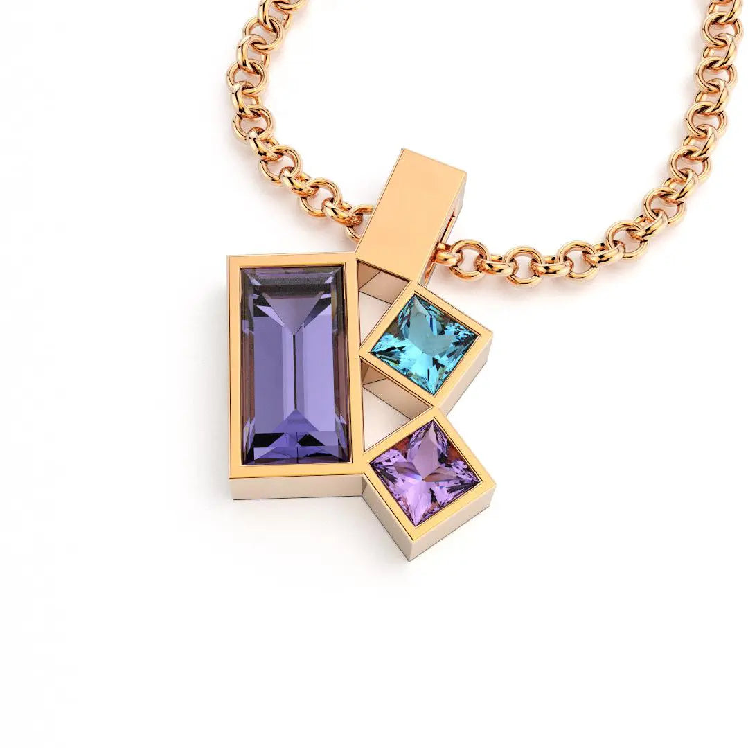 Collier Art Déco or rose avec pierres fines Iolite, topaze et améthyste