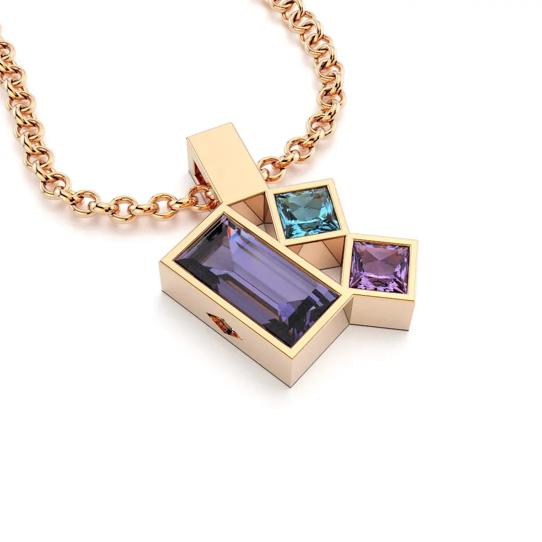 Collier Art Déco or rose avec pierres fines Iolite, améthyste et topaze