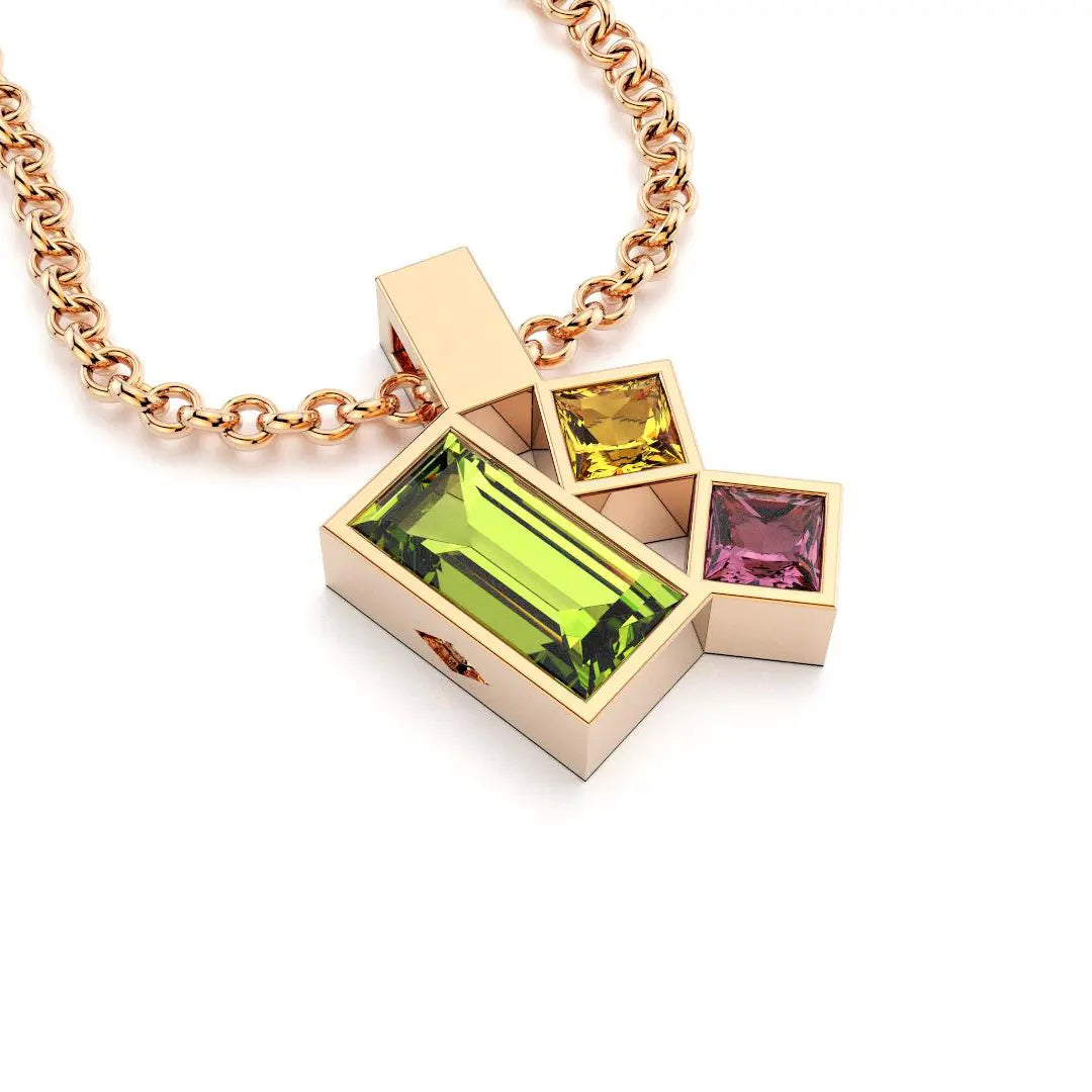 Collier Art Déco or rose avec pierres fines Péridot, Citrine et Rhodolite