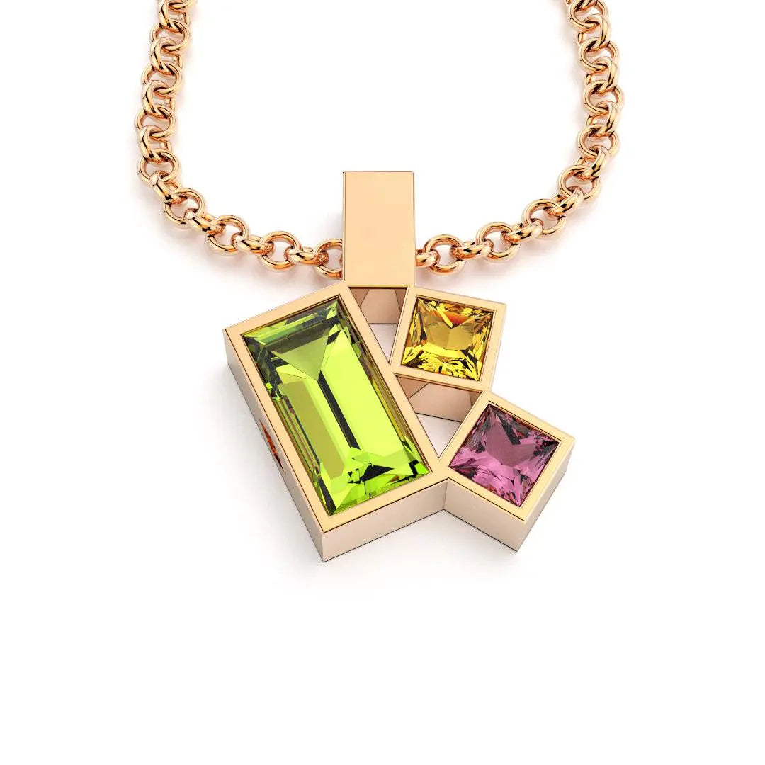 Collier Art Déco or rose avec pierres fines Péridot, Citrine et Rhodolite