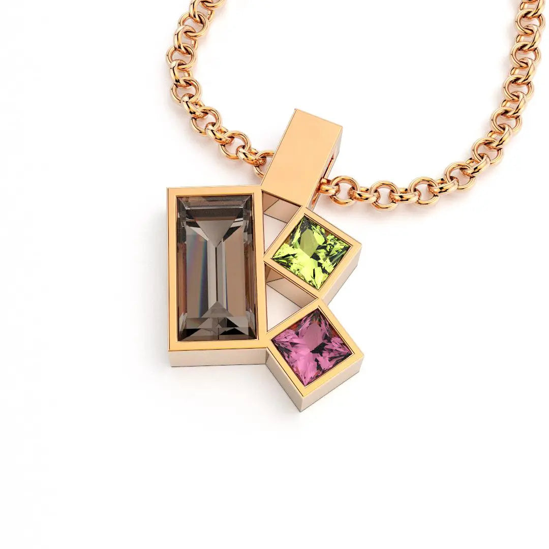 Collier Art Déco or rose avec pierres fines Quartz fumé, Péridot et Rhodolite