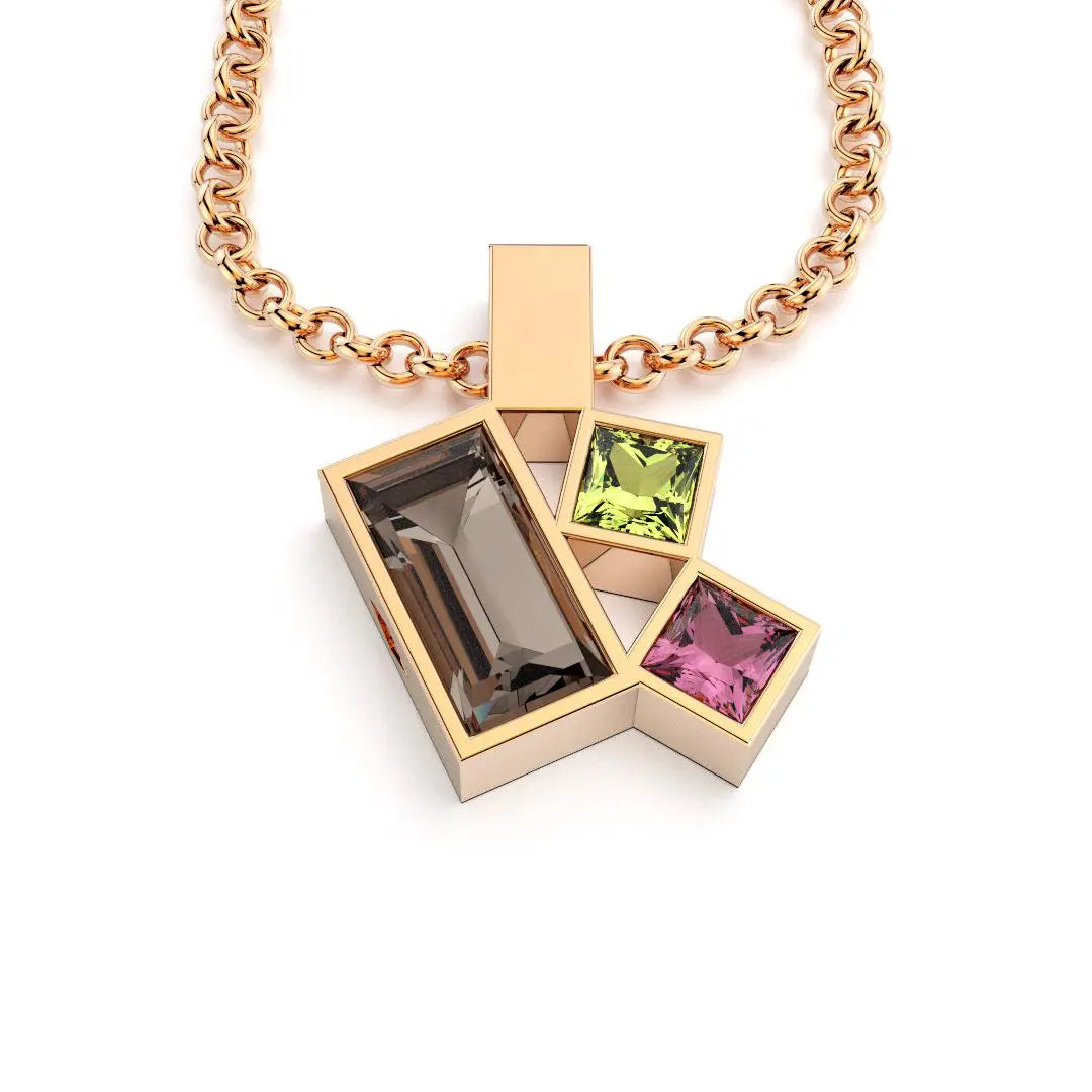 Collier Art Déco or rose avec pierres fines Quartz fumé, Péridot et Rhodolite