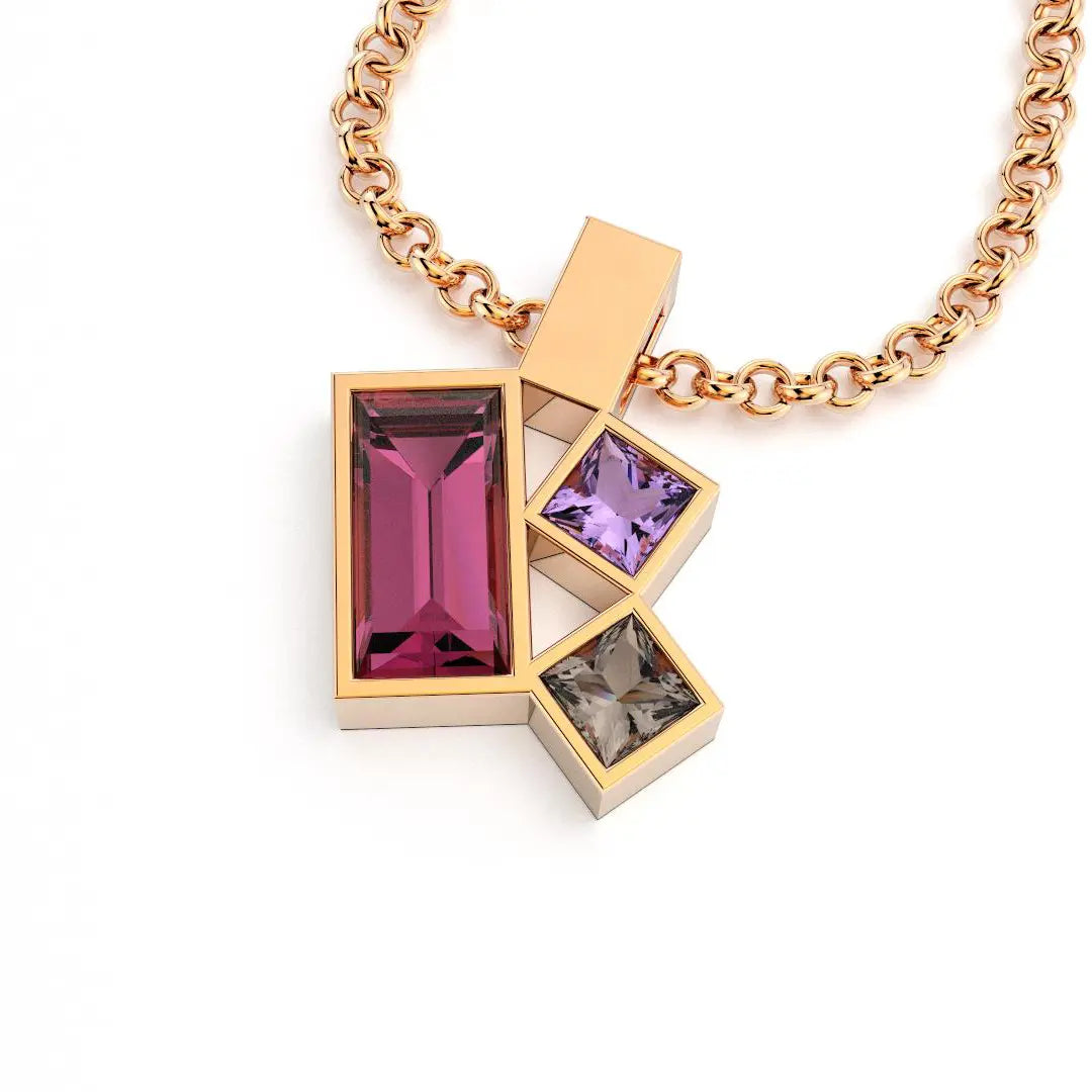 Collier Art Déco or rose avec pierres fines Rhodolite, Améthyste et Quartz fumé