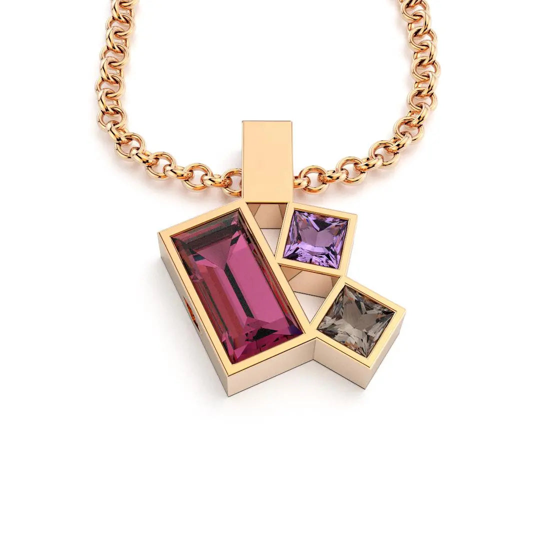 Collier Art Déco or rose avec pierres fines Quartz fumé, Améthyste et Rhodolite