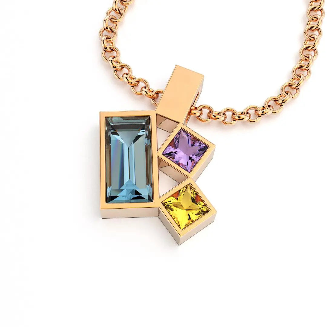 Collier Art Déco or rose avec pierres fines Topaze, Améthyste et Citrine