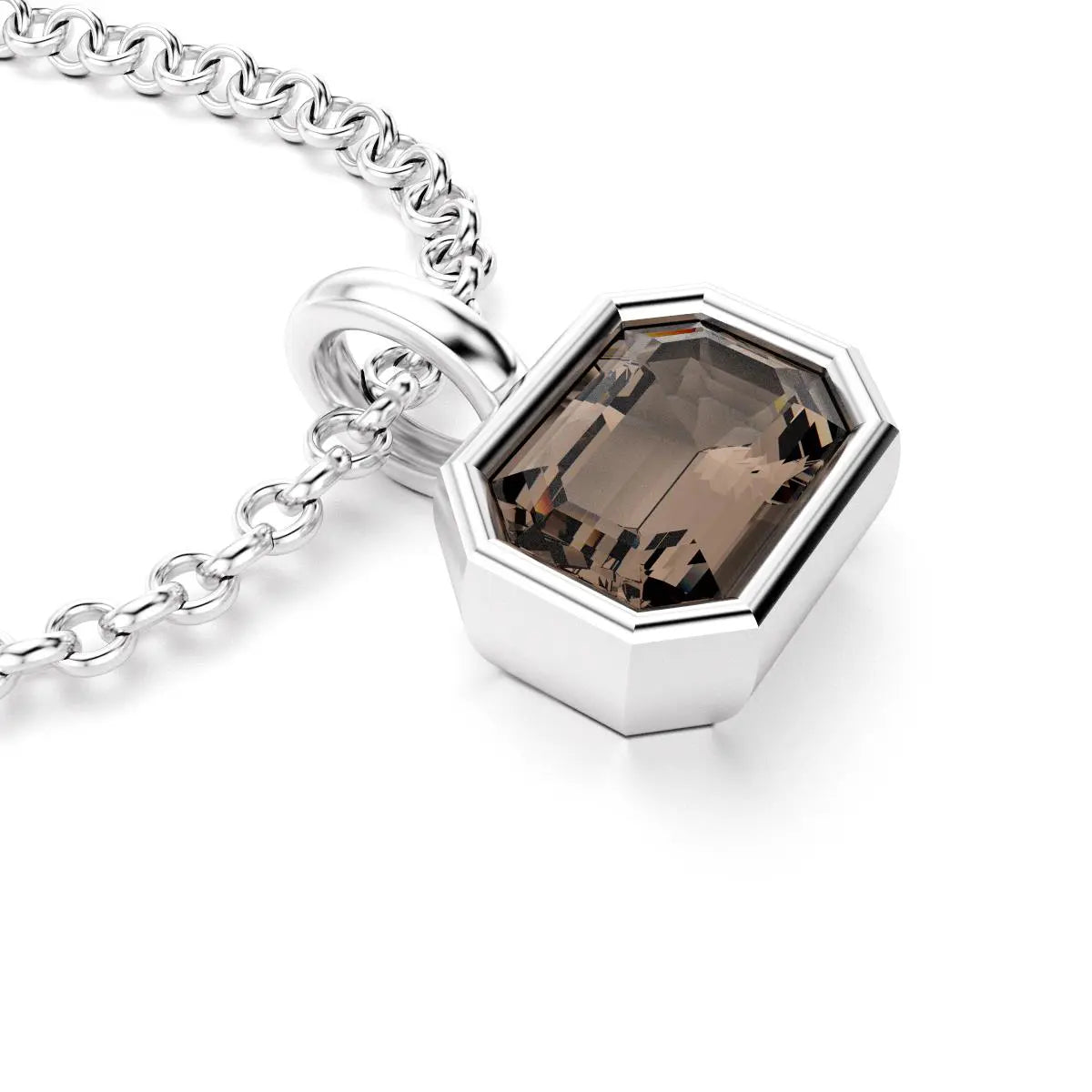 collier byzance rectangle  pour femme en or blanc avec quartz fume emeraude