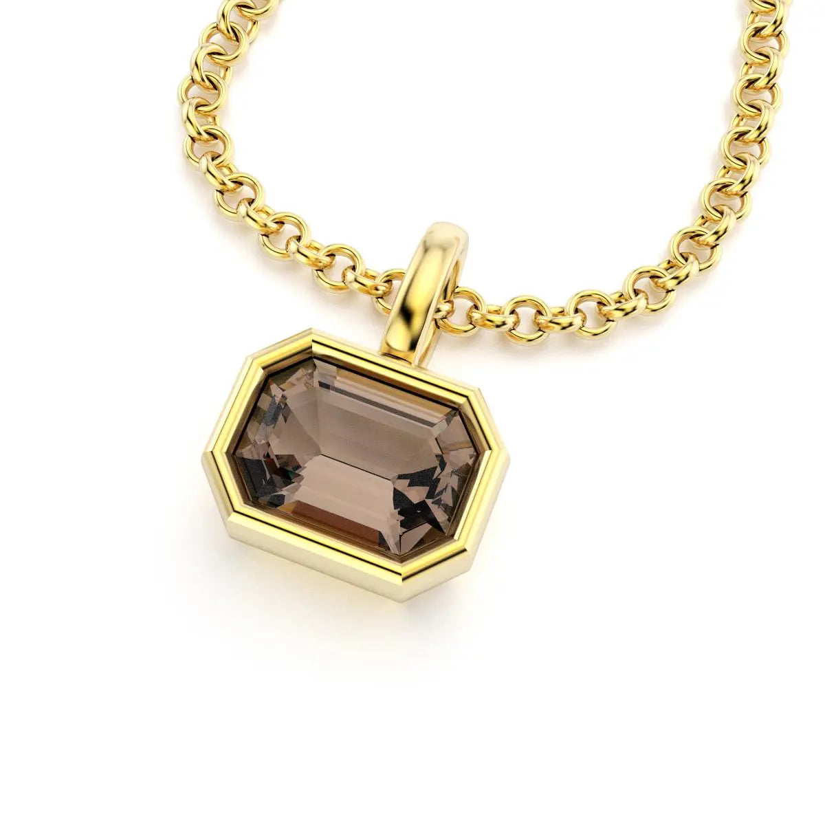 collier byzance rectangle  pour femme en or jaune avec quartz fume emeraude