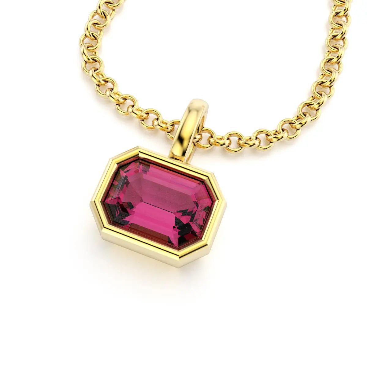 collier byzance rectangle  pour femme en or jaune avec rhodolite emeraude