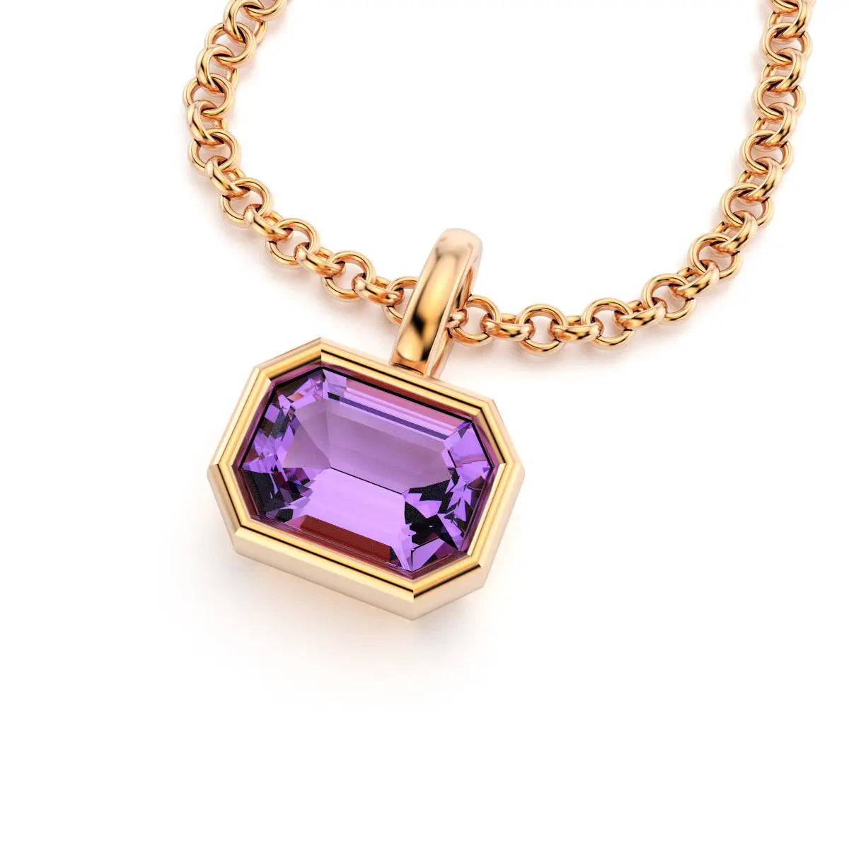 collier byzance rectangle  pour femme en or rose avec amethyste emeraude