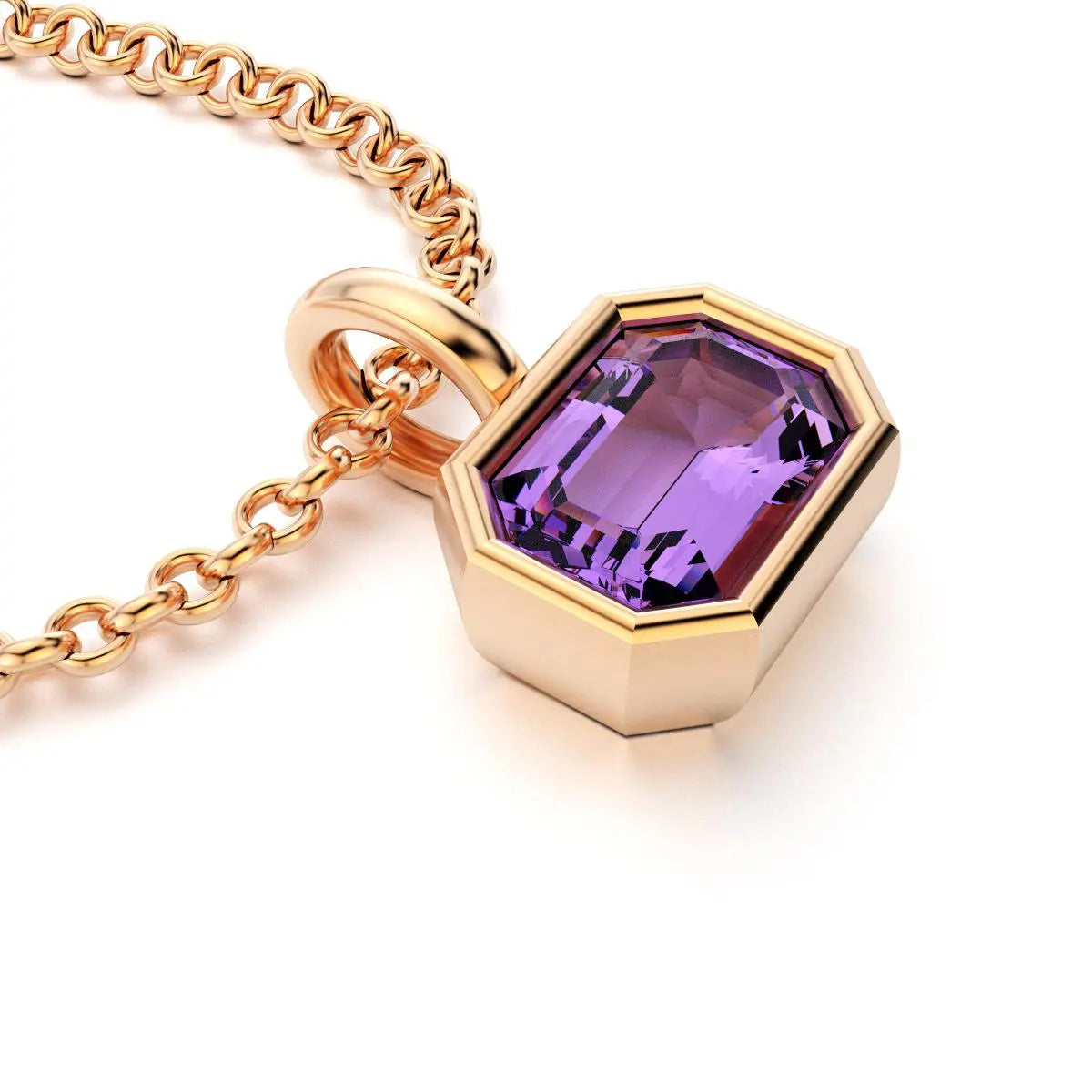 collier byzance rectangle  pour femme en or rose avec amethyste emeraude