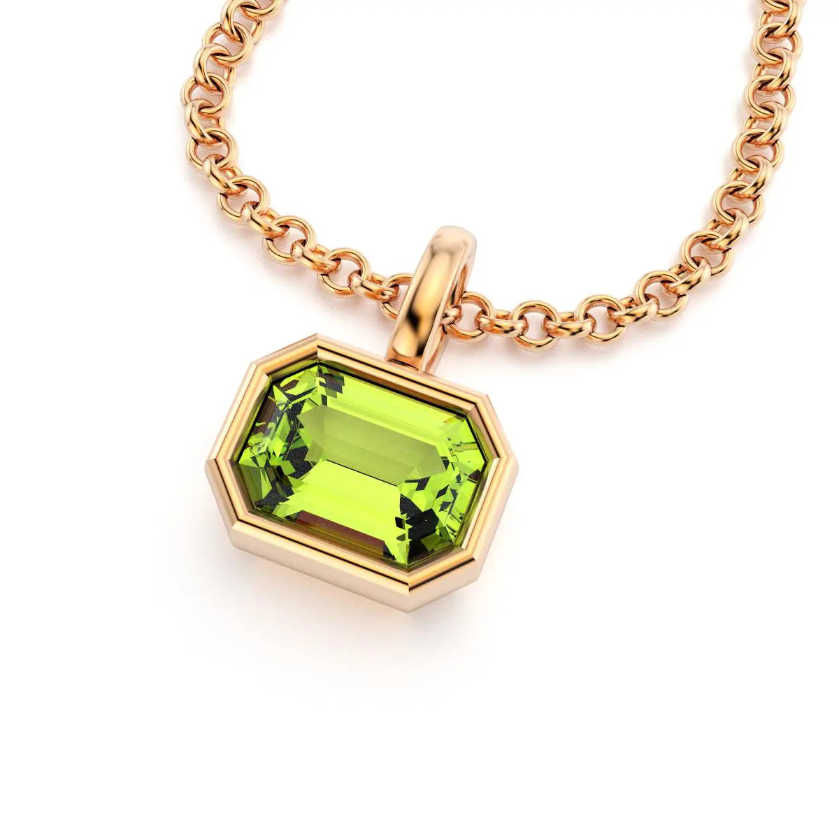 collier byzance rectangle  pour femme en or rose avec peridot emeraude