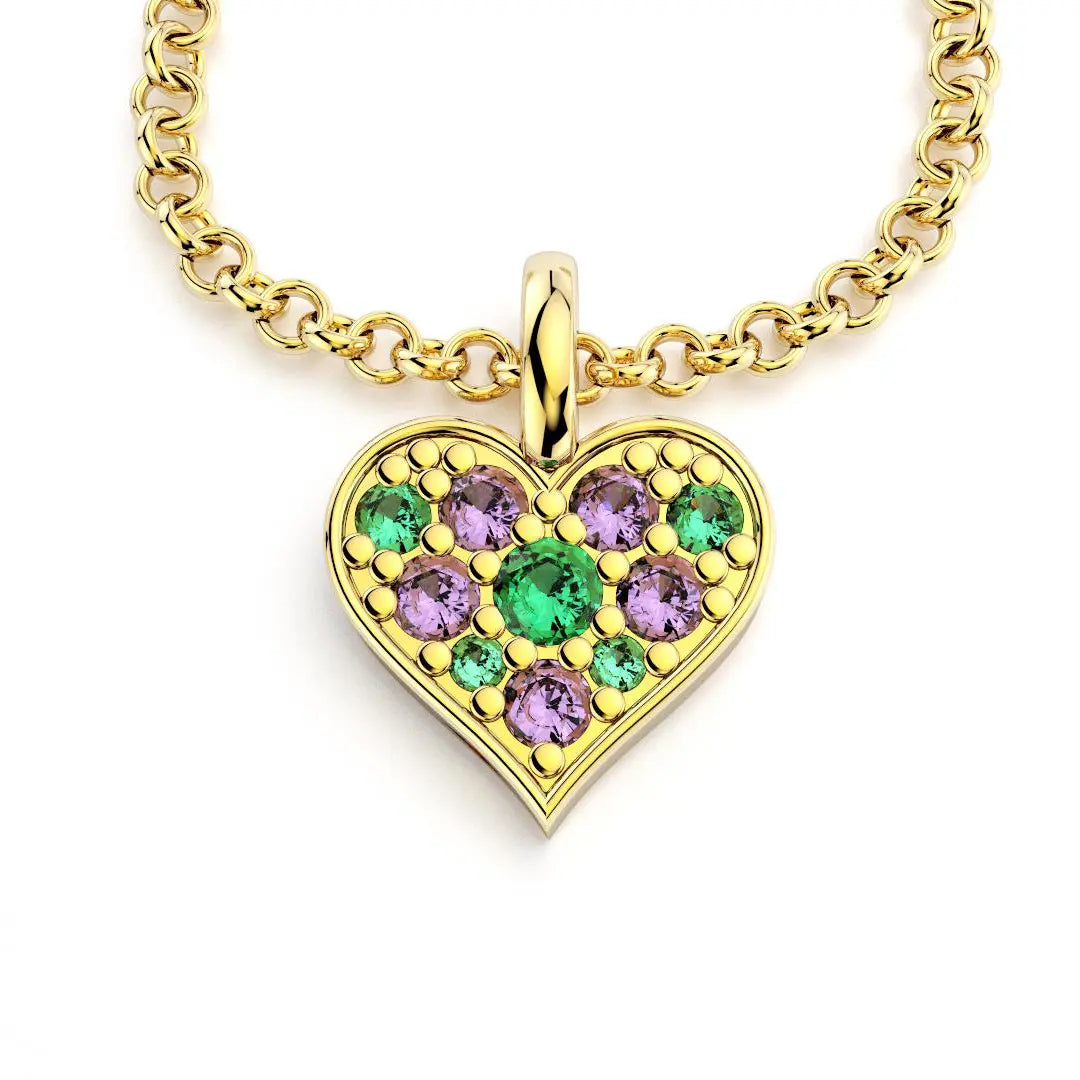 Collier coeur en or jaune avec émeraudes et saphirs violets